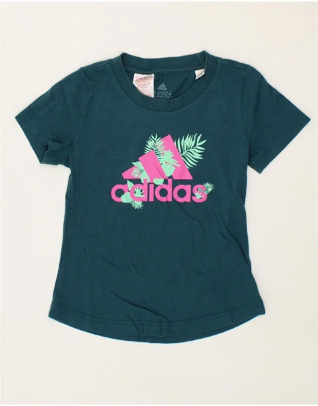 men's long-sleeve t-shirts -ADIDAS Girls Graphic T-Shirt Top 8-9 Years Blue Cotton