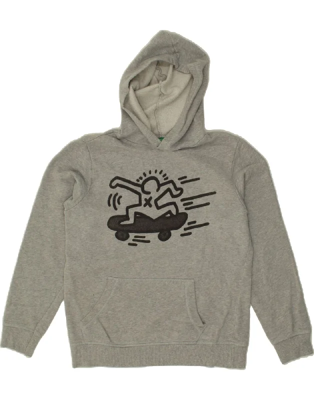 men's fashion sweatshirts -BENETTON Boys Graphic Hoodie Jumper 11-12 Years 2XL Grey Cotton