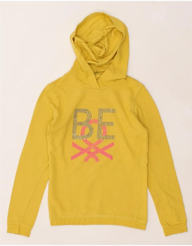 men's hoodies for layering -BENETTON Girls Graphic Hoodie Jumper 10-11 Years Yellow