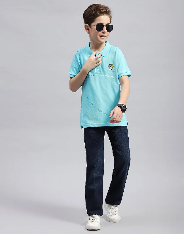 men's oversized graphic t-shirts -Boys Aqua Blue Printed Polo Collar Half Sleeve T-Shirt