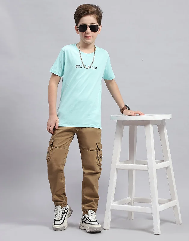 men's lightweight summer t-shirts -Boys Aqua Blue Printed Round Neck Half Sleeve T-Shirt