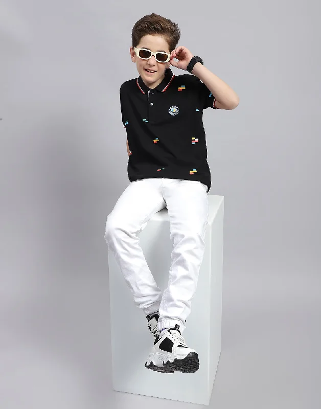 men's t-shirts for daily wear -Boys Black Printed Polo Collar Half Sleeve T-Shirt