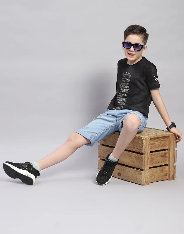 men's sport t-shirts -Boys Black Printed Round Neck Half Sleeve T-Shirt