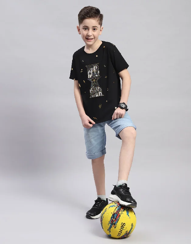 men's stylish casual t-shirts -Boys Black Printed Round Neck Half Sleeve T-Shirt