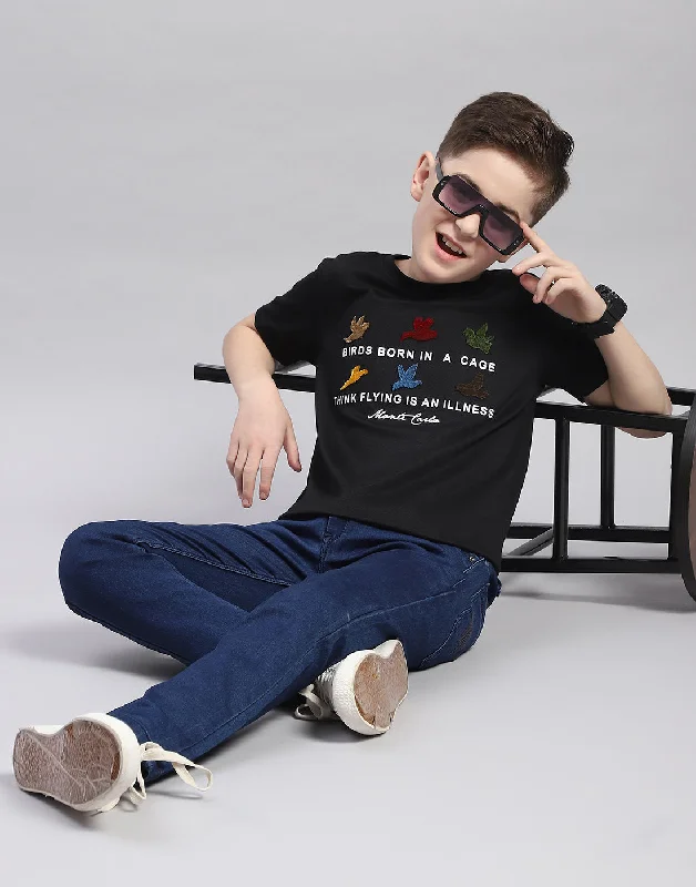 men's oversized t-shirts -Boys Black Printed Round Neck Half Sleeve T-Shirt