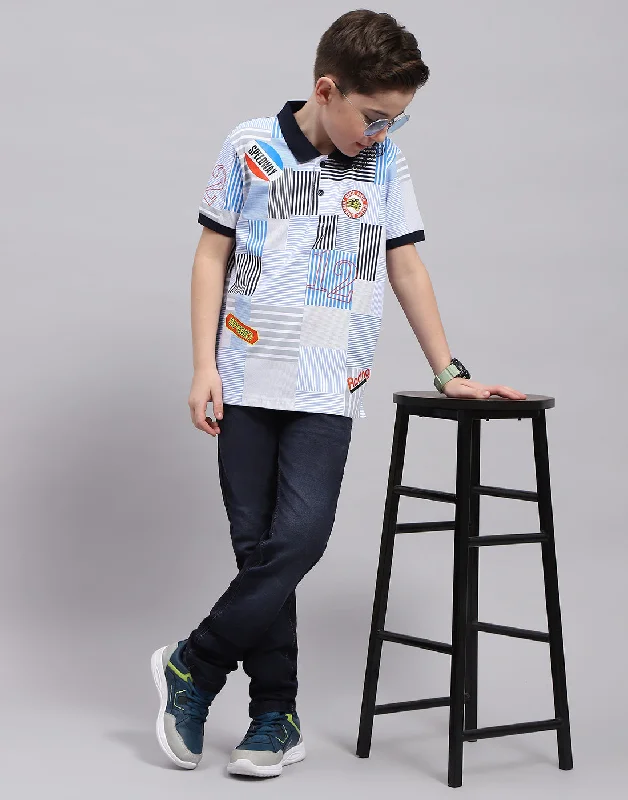 men's custom graphic t-shirts -Boys Blue Printed Polo Collar Half Sleeve T-Shirt