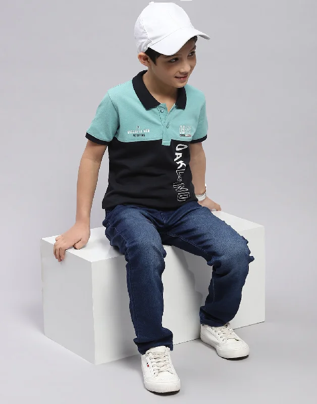 men's funny graphic t-shirts -Boys Blue Printed Polo Collar Half Sleeve T-Shirt