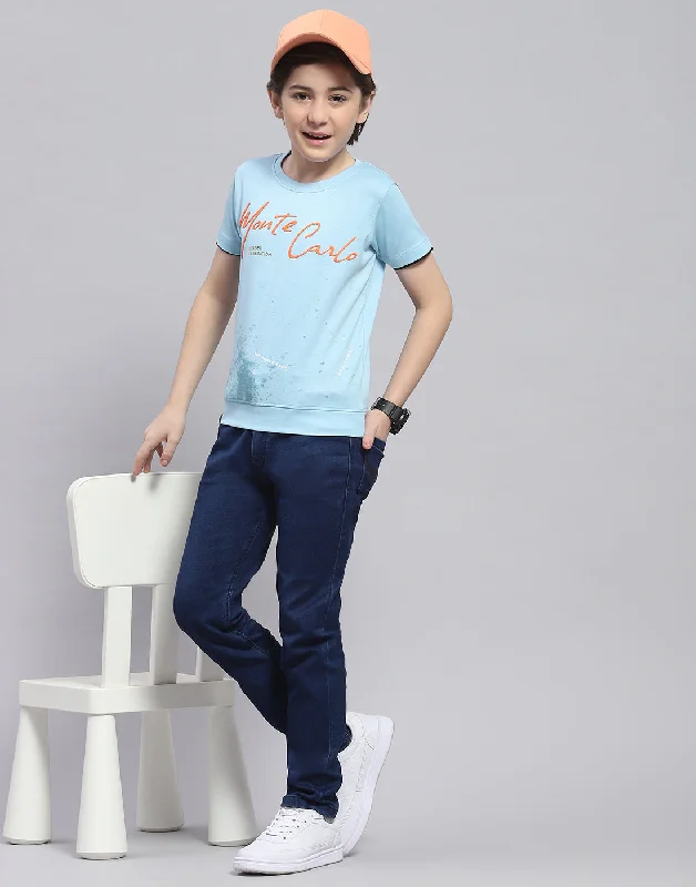 men's graphic t-shirts -Boys Blue Printed Round Neck Half Sleeve T-Shirt