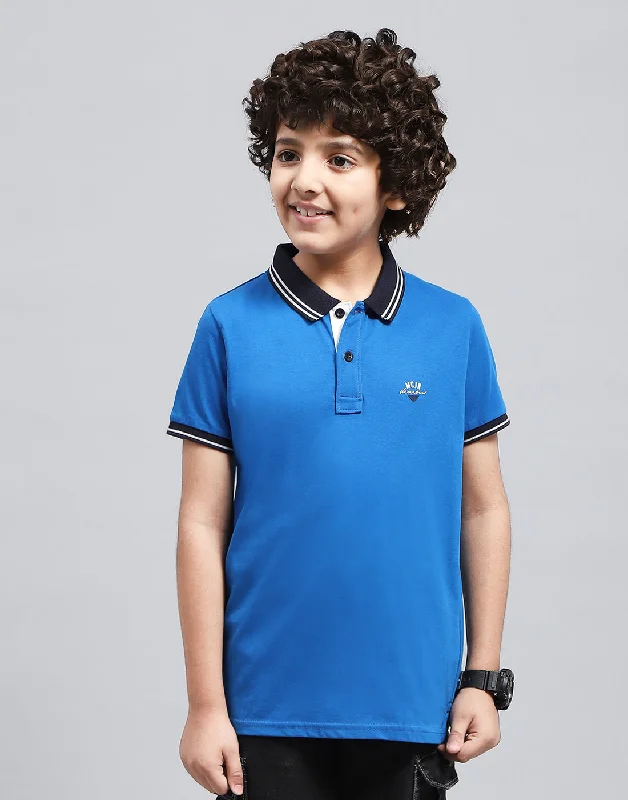 men's casual wear t-shirts -Boys Blue Solid Polo Collar Half Sleeve T-Shirt