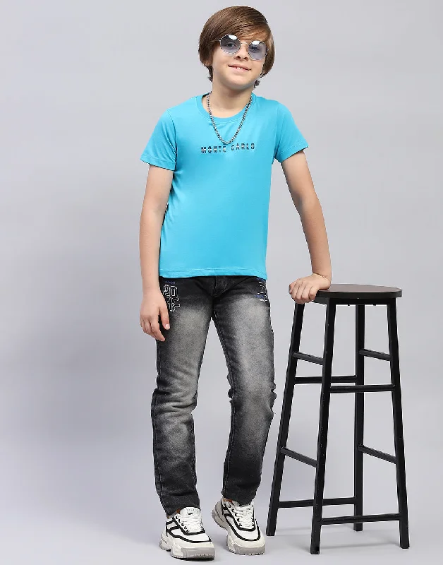 men's v-neck t-shirts -Boys Blue Solid Round Neck Half Sleeve T-Shirt