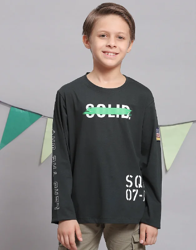 men's soft cotton t-shirts -Boys Green Printed Round Neck Full Sleeve T-Shirts