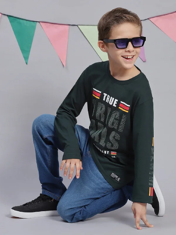 men's printed graphic t-shirts -Boys Green Printed Round Neck Full Sleeve T-Shirts