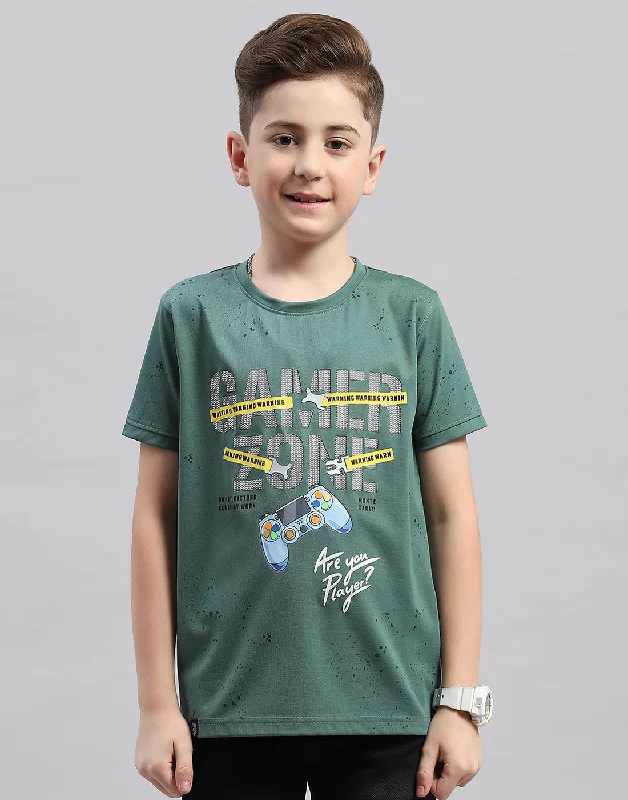 men's trendy graphic tees -Boys Green Printed Round Neck Half Sleeve T-Shirt