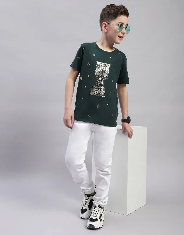 men's trendy cotton t-shirts -Boys Green Printed Round Neck Half Sleeve T-Shirt