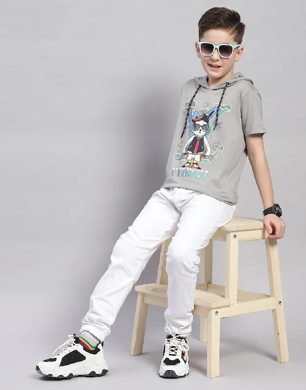 men's soft cotton t-shirts -Boys Grey Printed Hooded Half Sleeve T-Shirt