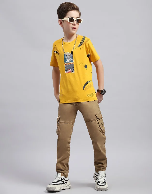 men's athletic fit graphic t-shirts -Boys Mustard Printed Round Neck Half Sleeve T-Shirt