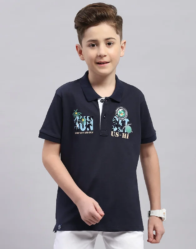 men's breathable t-shirts -Boys Navy Blue Printed Polo Collar Half Sleeve T-Shirt