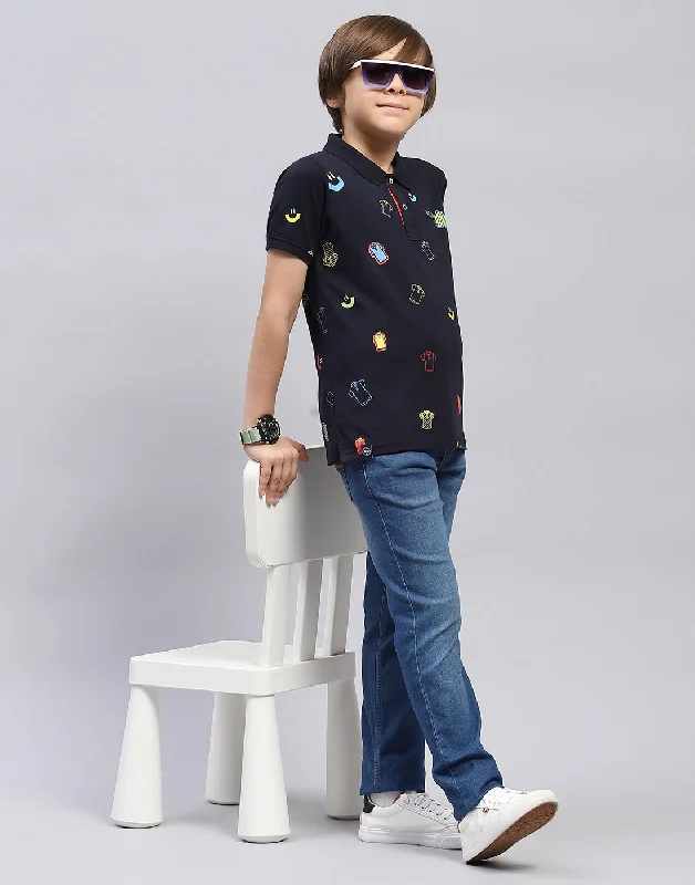 men's long-sleeve cotton t-shirts -Boys Navy Blue Printed Polo Collar Half Sleeve T-Shirt