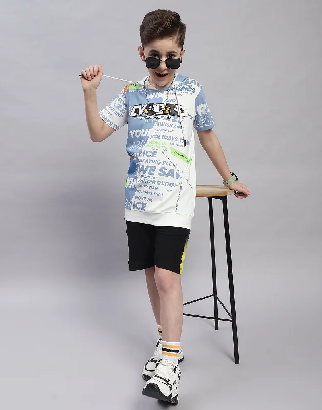 men's t-shirts for casual outings -Boys Off White Printed Hooded Half Sleeve T-Shirt