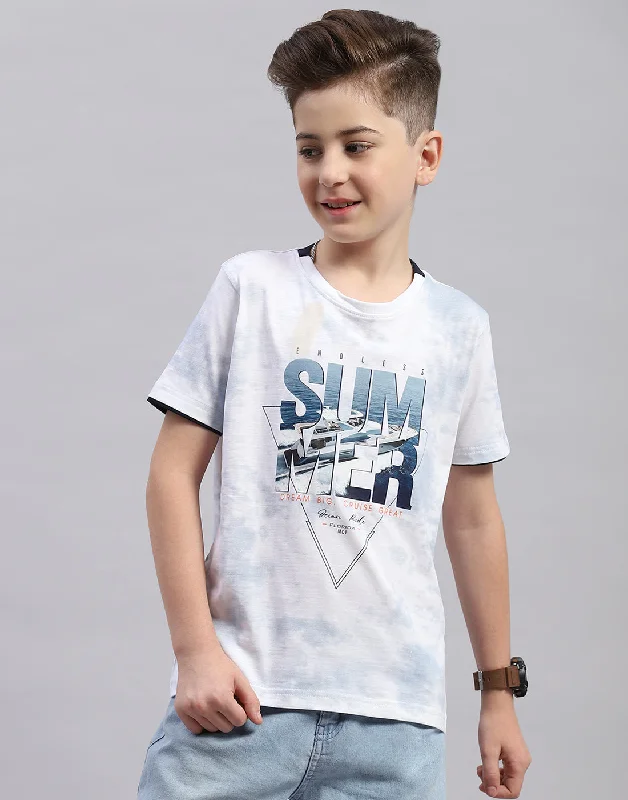 men's long-sleeve t-shirts -Boys Off White Printed Round Neck Half Sleeve T-Shirt