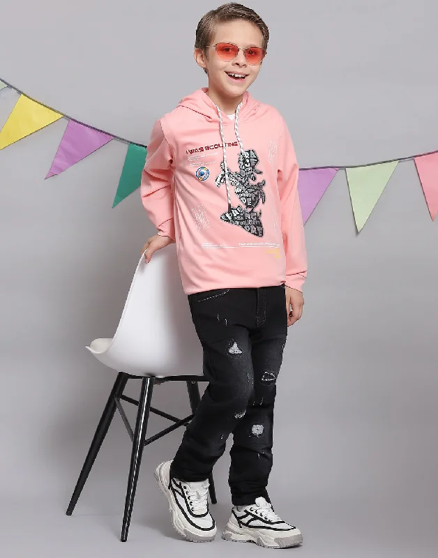 men's comfortable t-shirts -Boys Peach Printed Hooded Full Sleeve T-Shirts