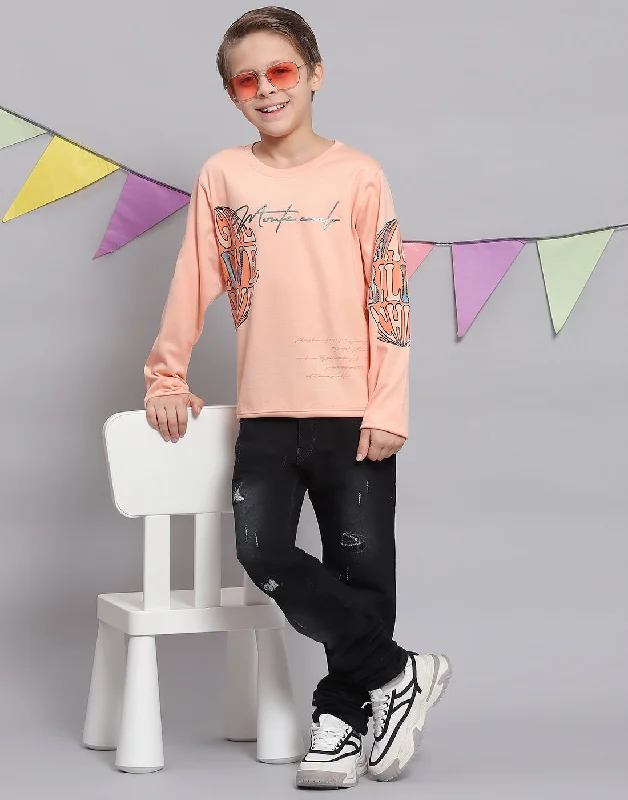 men's fitted t-shirts -Boys Peach Printed Round Neck Full Sleeve T-Shirts