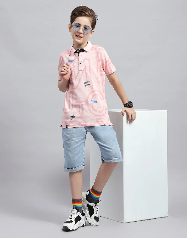 men's graphic vintage t-shirts -Boys Pink Printed Polo Collar Half Sleeve T-Shirt