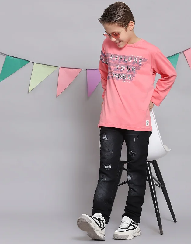 men's comfort t-shirts -Boys Pink Printed Round Neck Full Sleeve T-Shirts