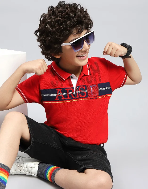 trendy graphic tees for men -Boys Red Printed Polo Collar Half Sleeve T-Shirt