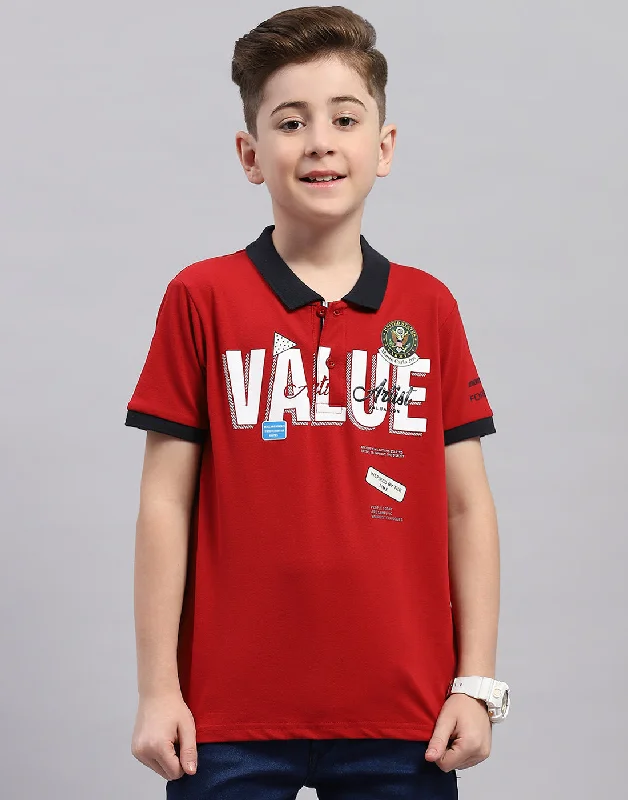 men's vintage graphic tee shirts -Boys Red Printed Polo Collar Half Sleeve T-Shirt