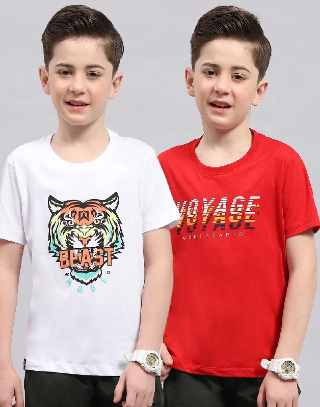 men's short sleeve fashion t-shirts -Boys Red & White Printed Round Neck Half Sleeve T-Shirt (Pack of 2)