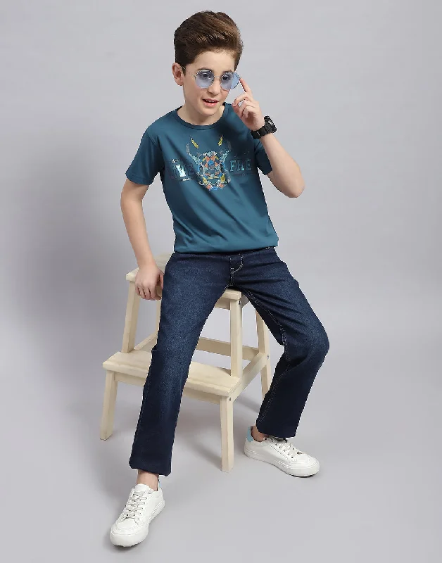 men's classic cotton tees -Boys Teal Blue Printed Round Neck Half Sleeve T-Shirt