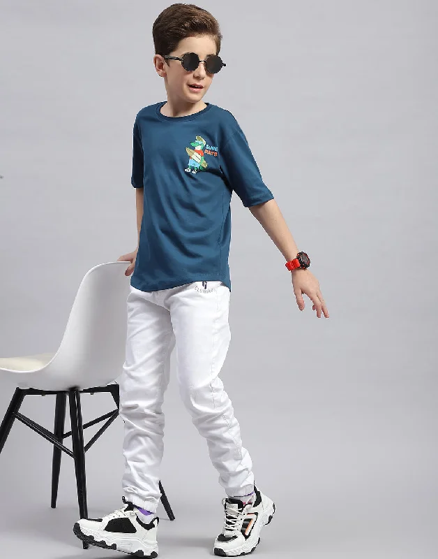 men's eco-friendly graphic t-shirts -Boys Teal Blue Printed Round Neck Half Sleeve T-Shirt