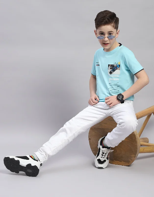 trendy graphic tees for men -Boys Turquoise Blue Printed Round Neck Half Sleeve T-Shirt