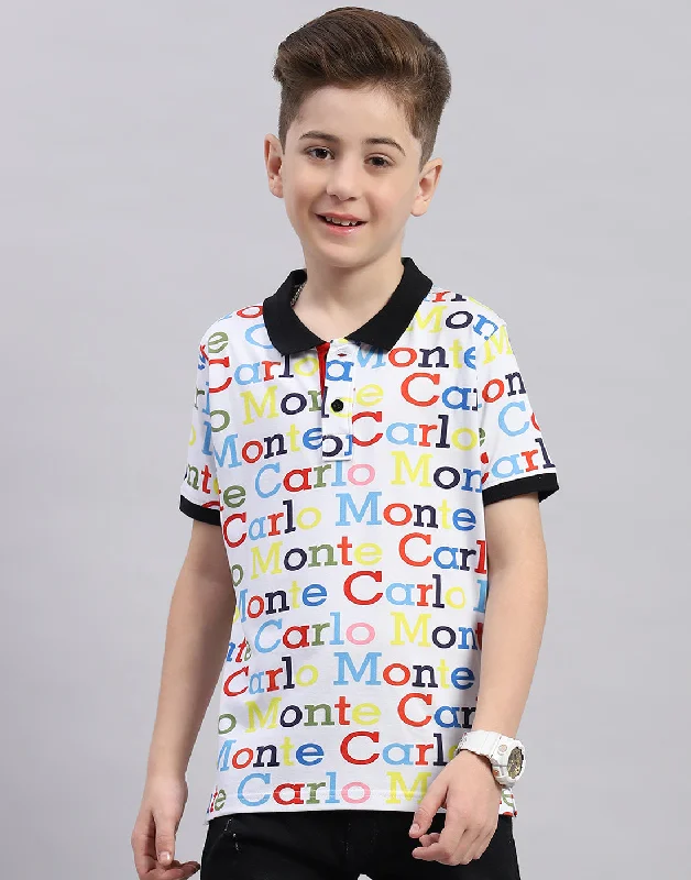 men's high-performance t-shirts -Boys White Printed Polo Collar Half Sleeve T-Shirt