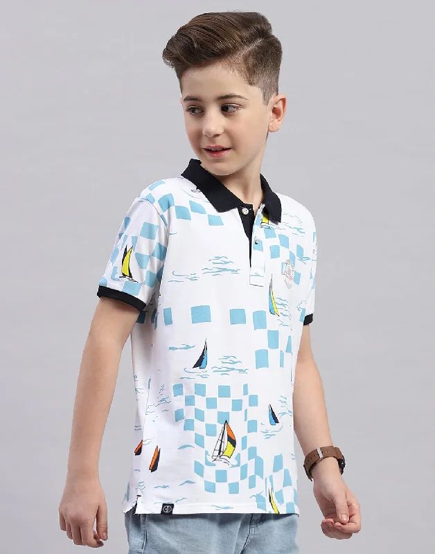 performance t-shirts for men -Boys White Printed Polo Collar Half Sleeve T-Shirt