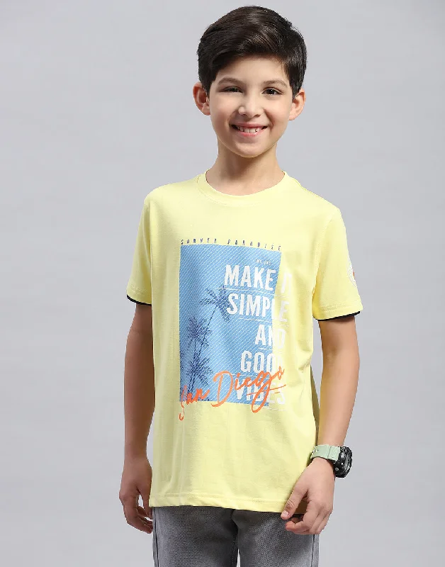 men's graphic design t-shirts -Boys Yellow Printed Round Neck Half Sleeve T-Shirt