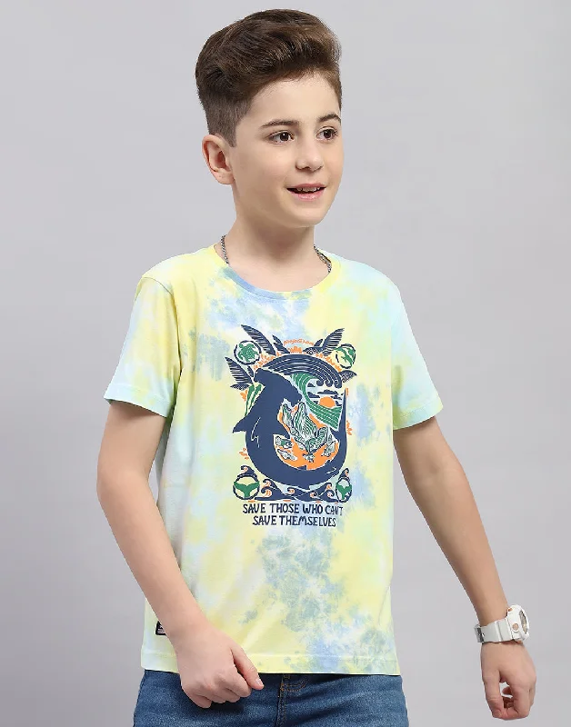 men's simple cotton t-shirts -Boys Yellow Printed Round Neck Half Sleeve T-Shirt