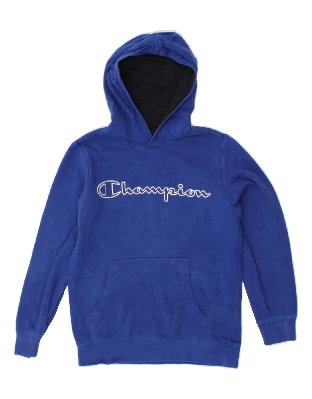 men's winter pullover sweatshirts -CHAMPION Boys Graphic Hoodie Jumper 11-12 Years Large Blue Cotton