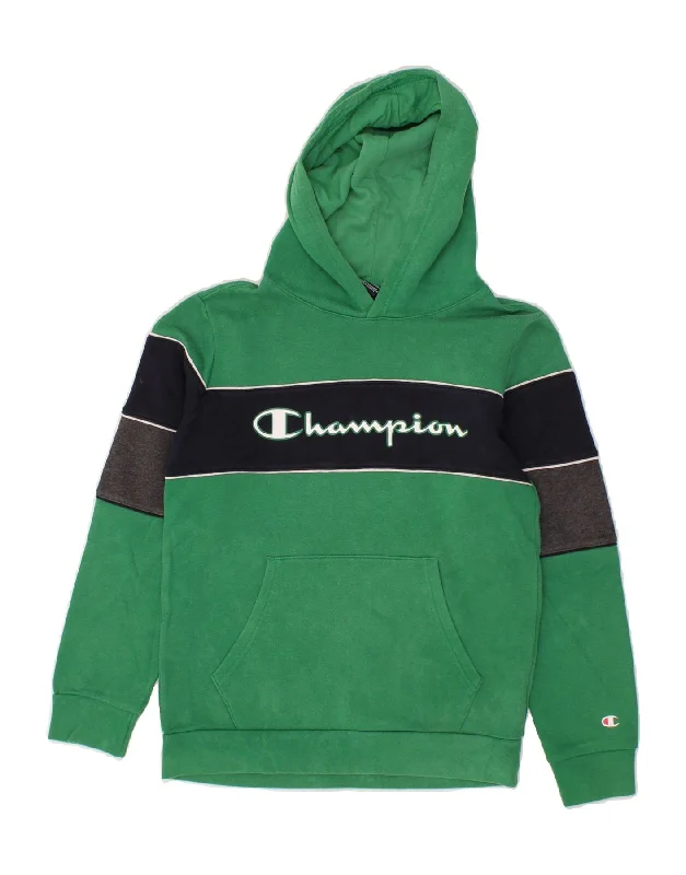 men's hoodie for hiking -CHAMPION Boys Graphic Hoodie Jumper 11-12 Years Large  Green Colourblock