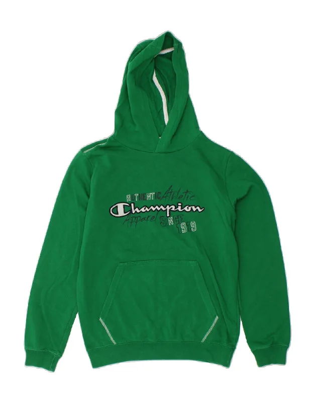 men's hoodie for hiking -CHAMPION Boys Graphic Hoodie Jumper 11-12 Years Large Green Cotton