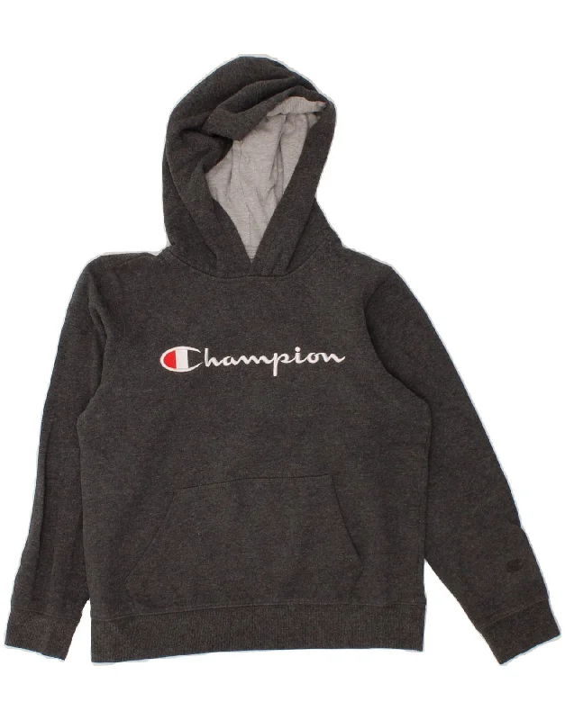 men's zip hoodie with contrast sleeves -CHAMPION Boys Graphic Hoodie Jumper 11-12 Years Large  Grey Cotton