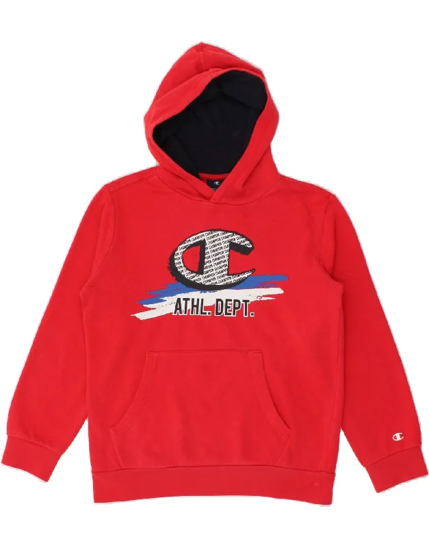 men's sweatshirts with designs -CHAMPION Boys Graphic Hoodie Jumper 11-12 Years Large Red Cotton