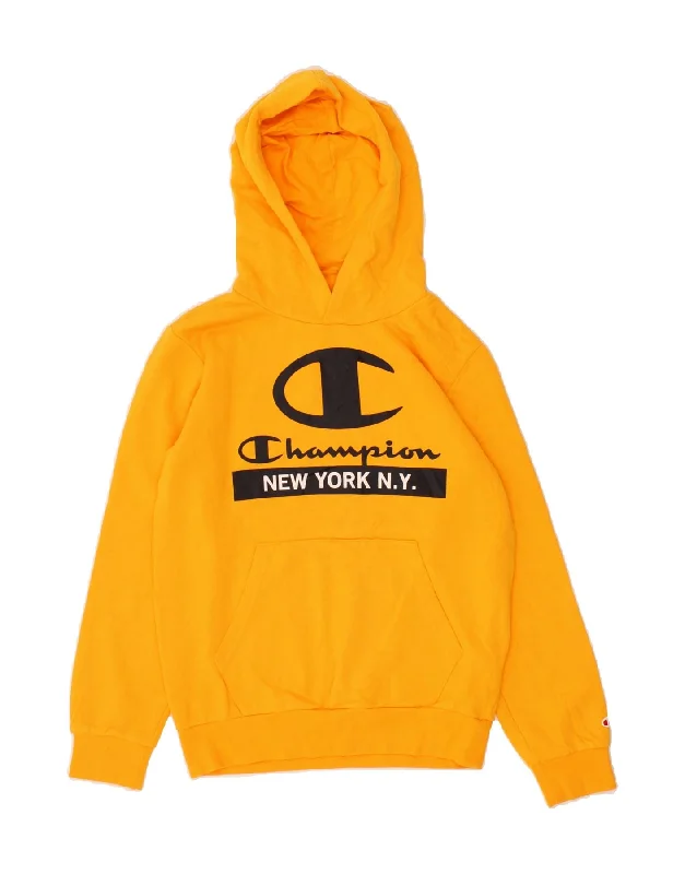 men's workout hoodies -CHAMPION Boys Graphic Hoodie Jumper 11-12 Years Large  Yellow Cotton