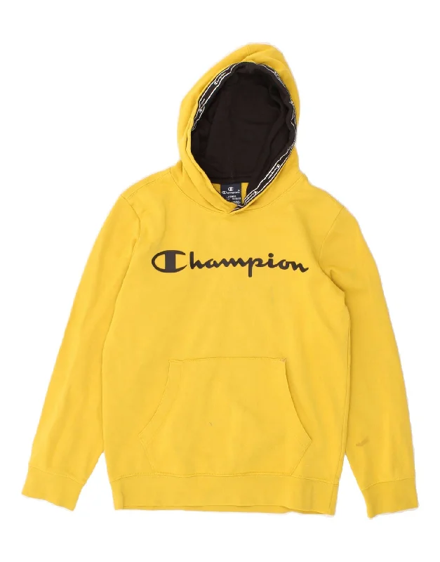 men's hoodie for hiking -CHAMPION Boys Graphic Hoodie Jumper 11-12 Years Large Yellow