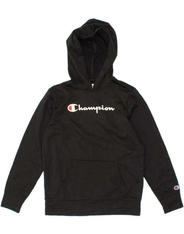 men's fleece sweatshirts -CHAMPION Boys Graphic Hoodie Jumper 12-13 Years Large Black Polyester