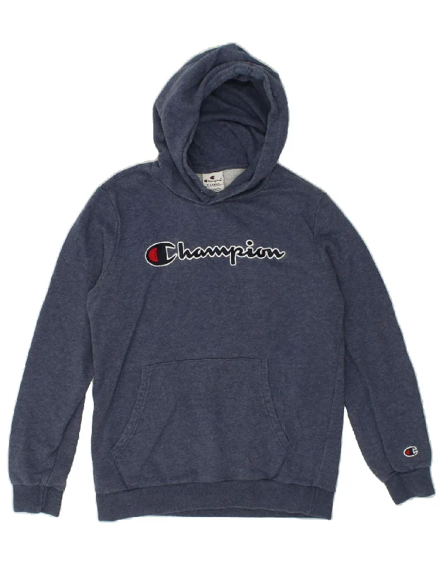 men's zip-up sweatshirts -CHAMPION Boys Graphic Hoodie Jumper 13-14 Years XL Navy Blue