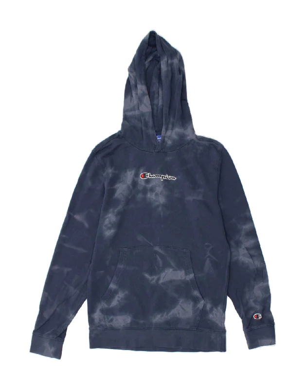 men's stylish zip-up hoodies -CHAMPION Boys Graphic Hoodie Jumper 13-14 Years XL Navy Blue Tie Dye