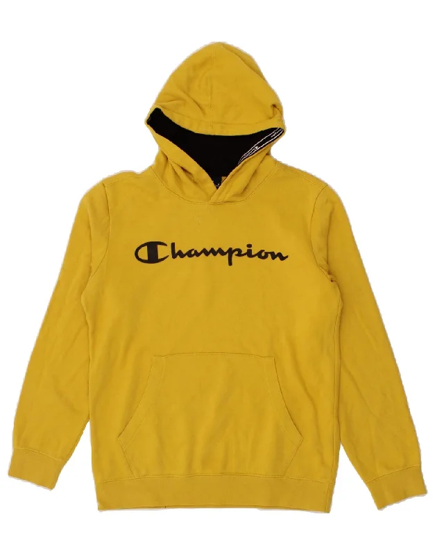 stylish men's sweatshirts -CHAMPION Boys Graphic Hoodie Jumper 13-14 Years XL Yellow Cotton