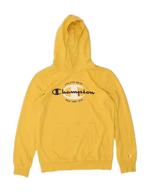 men's hoodie with prints -CHAMPION Boys Graphic Hoodie Jumper 13-14 Years XL Yellow